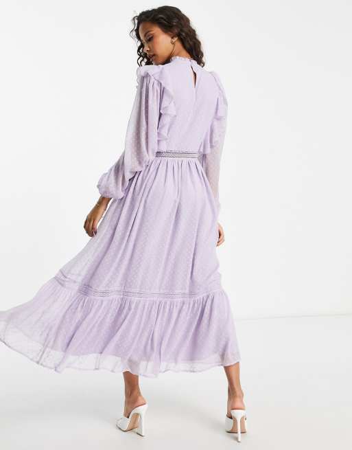 Miss Selfridge lace insert chiffon midi dress in lilac, 2 of 4