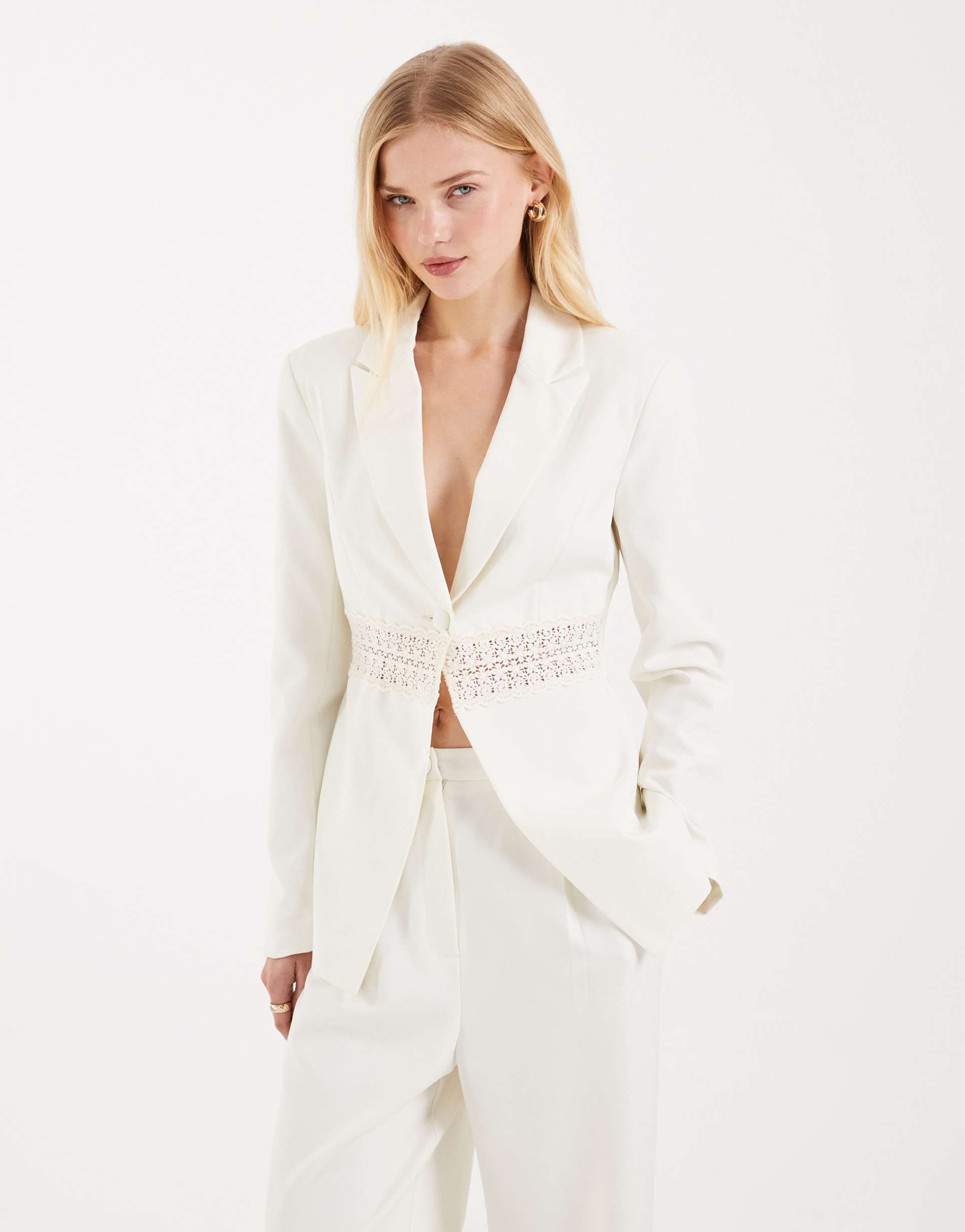 miss selfridge lace insert cinch blazer in ivory - part of a set