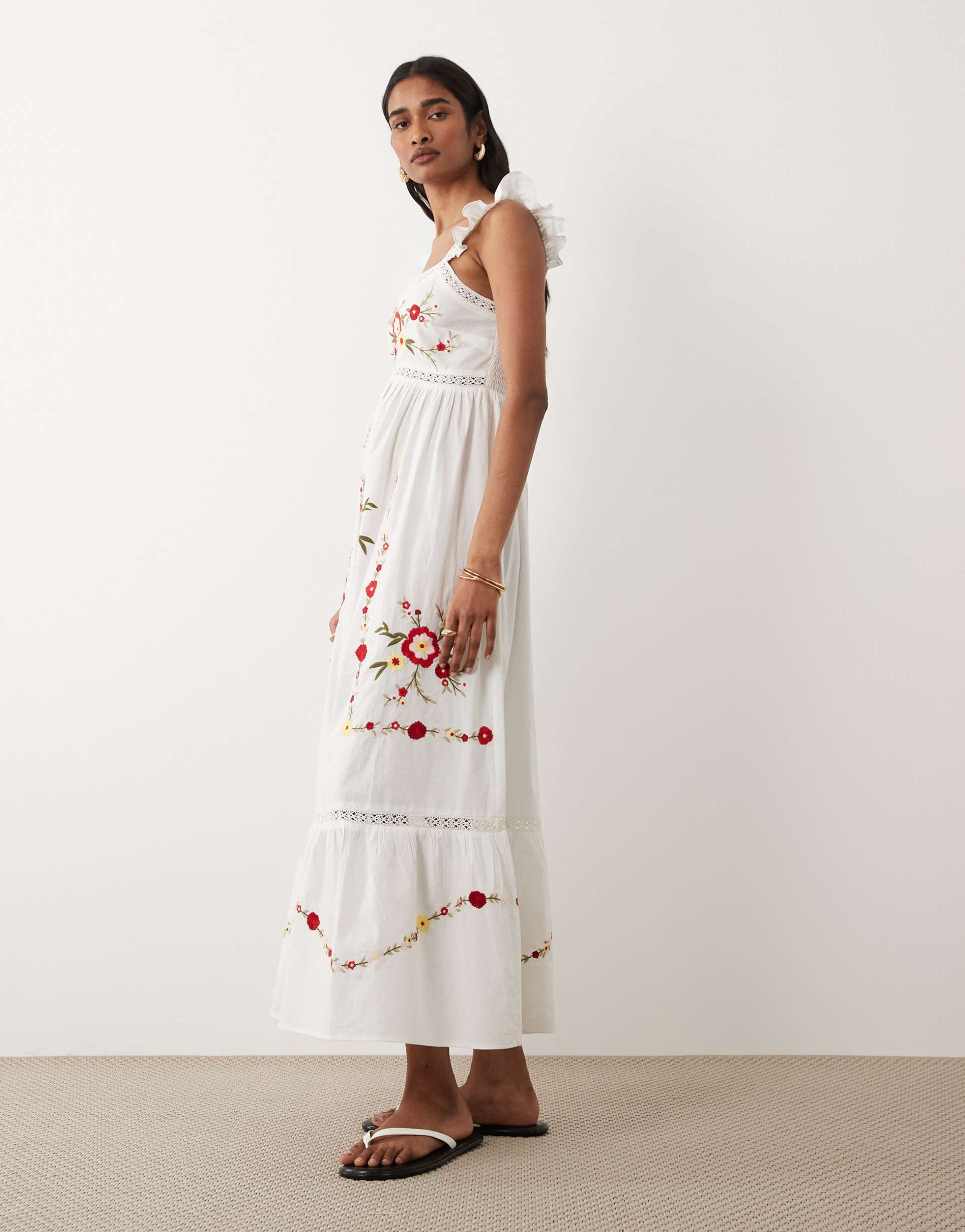 miss selfridge lace insert embroidered maxi dress in white