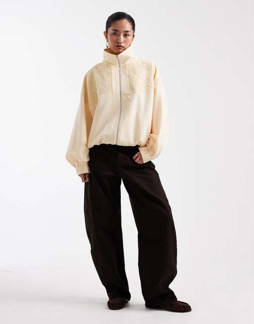 Miss Selfridge lace insert funnel neck track jacket in buttermilk, 2 of 4