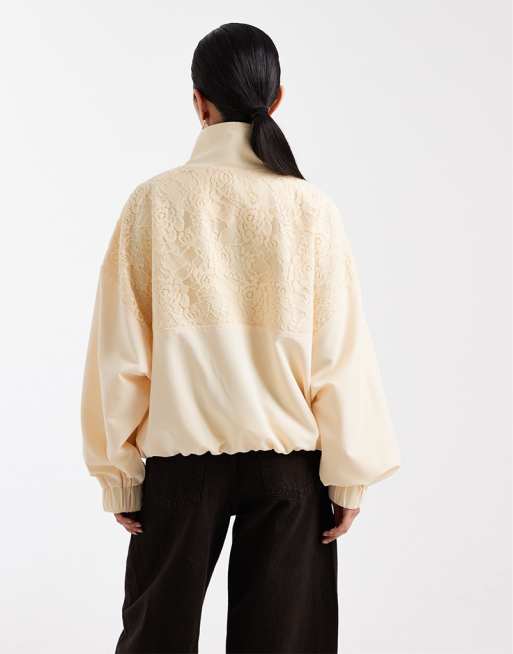 Miss Selfridge lace insert funnel neck track jacket in buttermilk, 3 of 4
