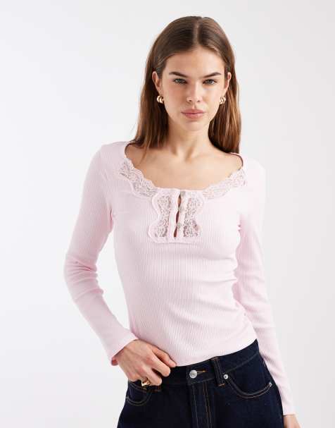 Miss Selfridge lace insert long sleeve rib knit top in pink - view 1