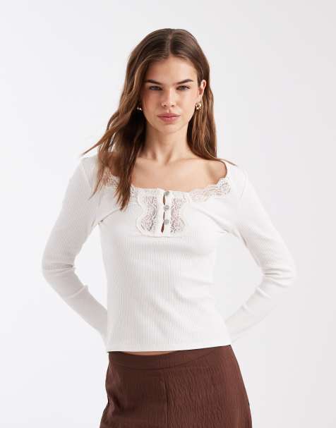 Miss Selfridge lace insert long sleeve rib top in cream
