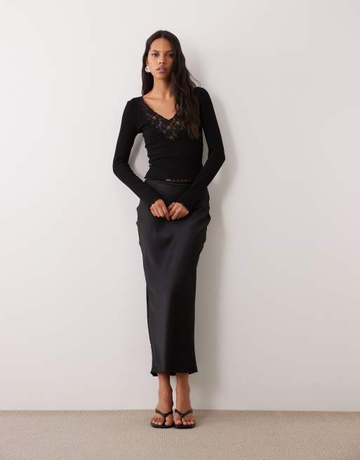 Miss Selfridge lace insert long sleeve top in black, 2 of 4