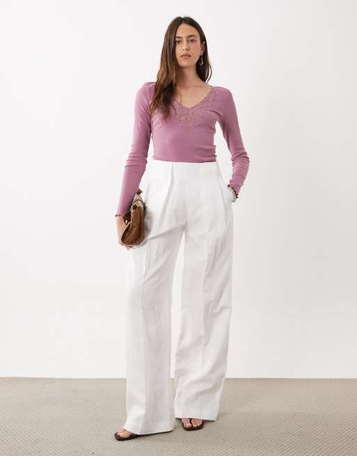 Miss Selfridge lace insert long sleeve top in mauve, 2 of 4