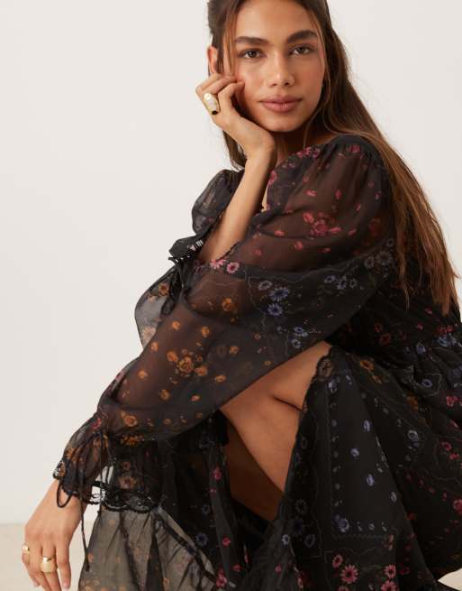 Miss Selfridge lace insert maxi dress in floral print, 2 of 4