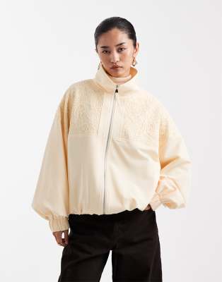 Miss Selfridge lace insert oversized bomber jacket in buttermilk