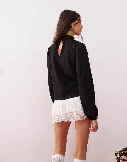 Miss Selfridge lace insert pintuck detail blouse in black
