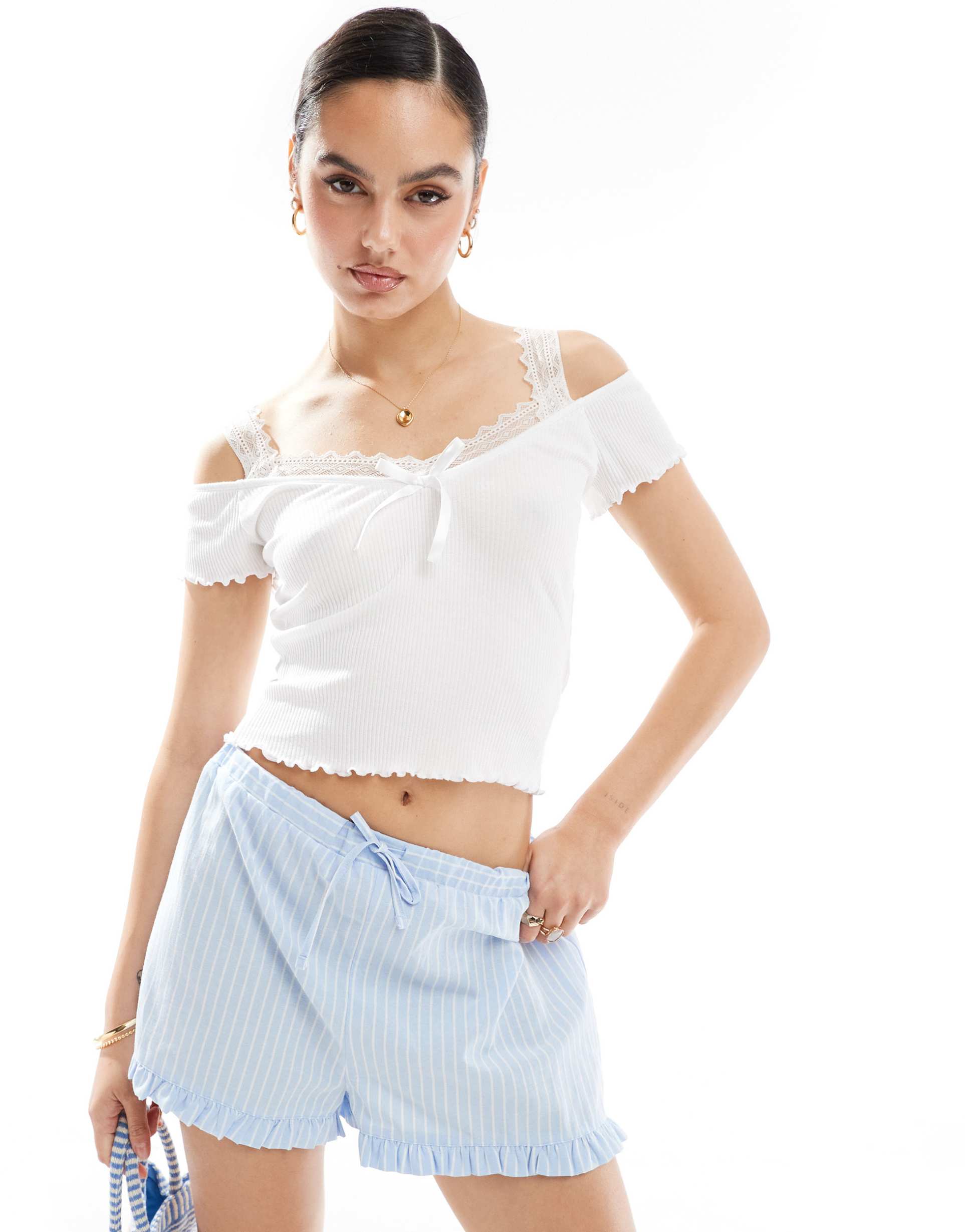 miss selfridge lace insert short sleeve top in white