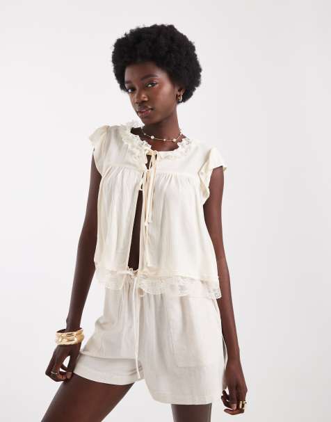 Miss Selfridge lace insert tie front blouse in ecru - view 1