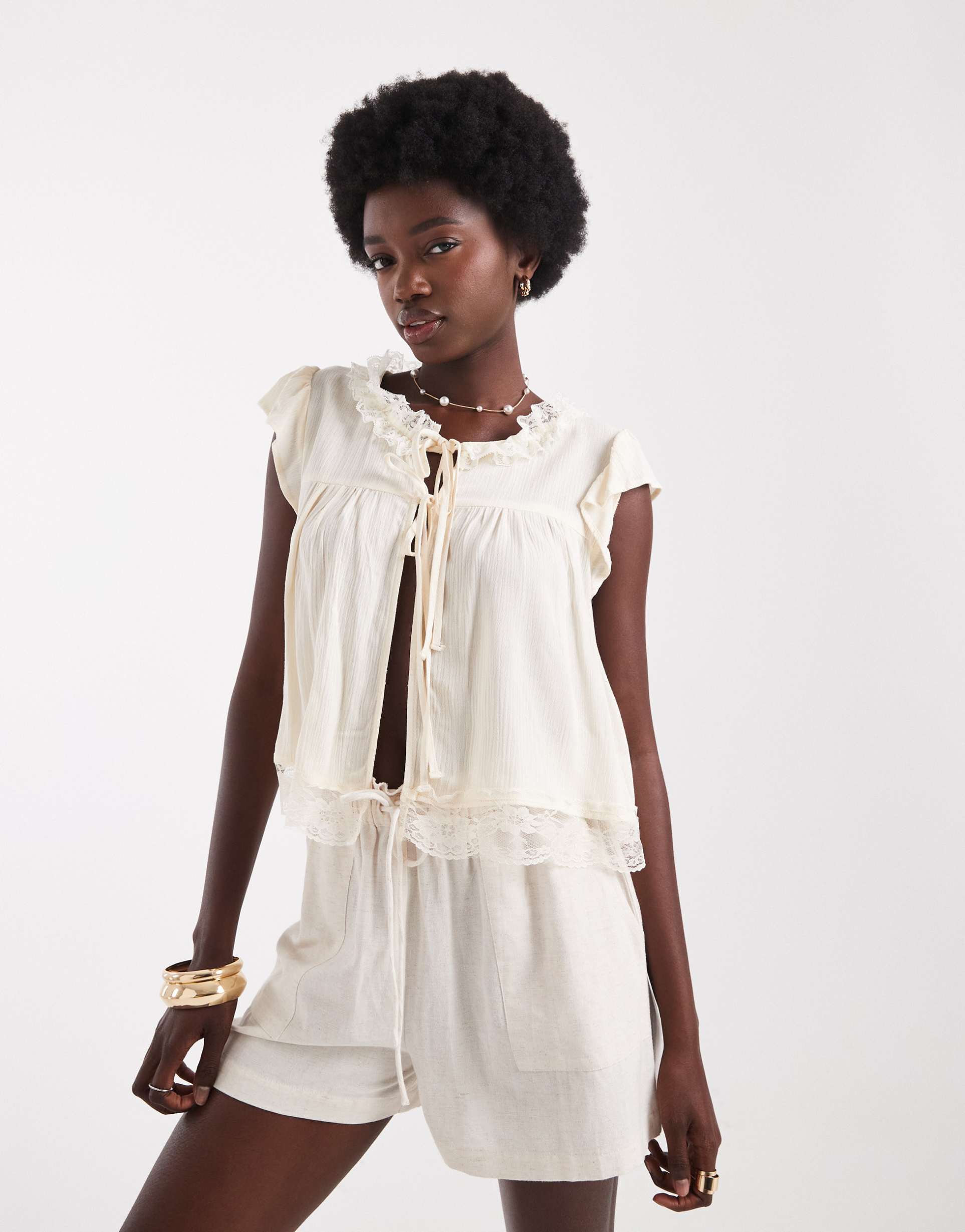 miss selfridge lace insert tie front blouse in ecru