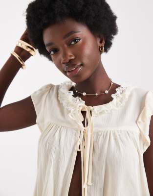 Miss Selfridge Lace Insert Tie Front Blouse In White