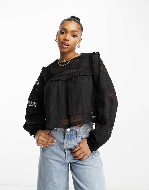 Miss Selfridge lace insert victoriana pintuck blouse in black | ASOS