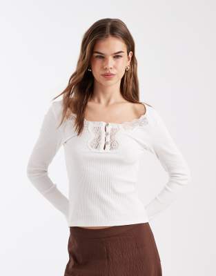 Miss Selfridge Lace Inserts Long Sleeve Rib Knit Top In White