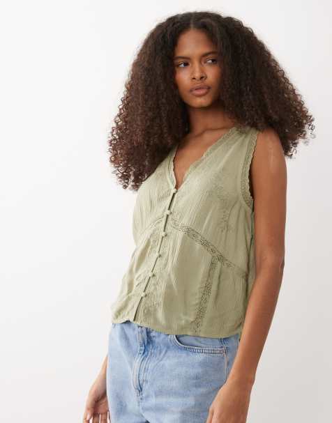 Miss Selfridge lace inserts vest in sage - view 1