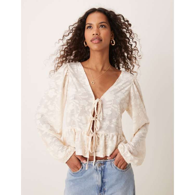 Miss Selfridge lace jacquard tie front top in ivory | ASOS
