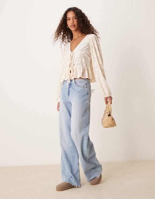 Miss Selfridge lace jacquard tie front top in ivory