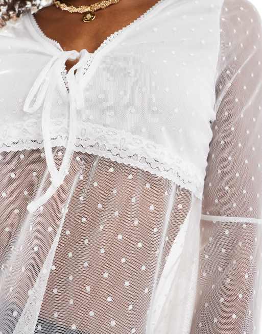 Miss Selfridge lace long sleeve flare sleeve peplum top in ivory | ASOS