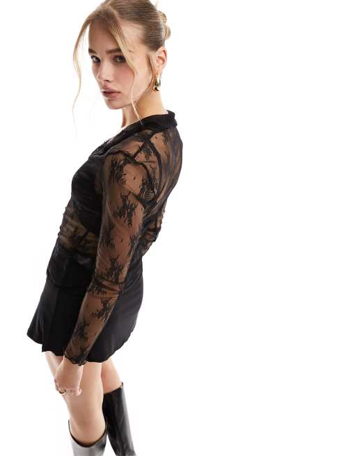 Miss Selfridge lace long sleeve shirt in black