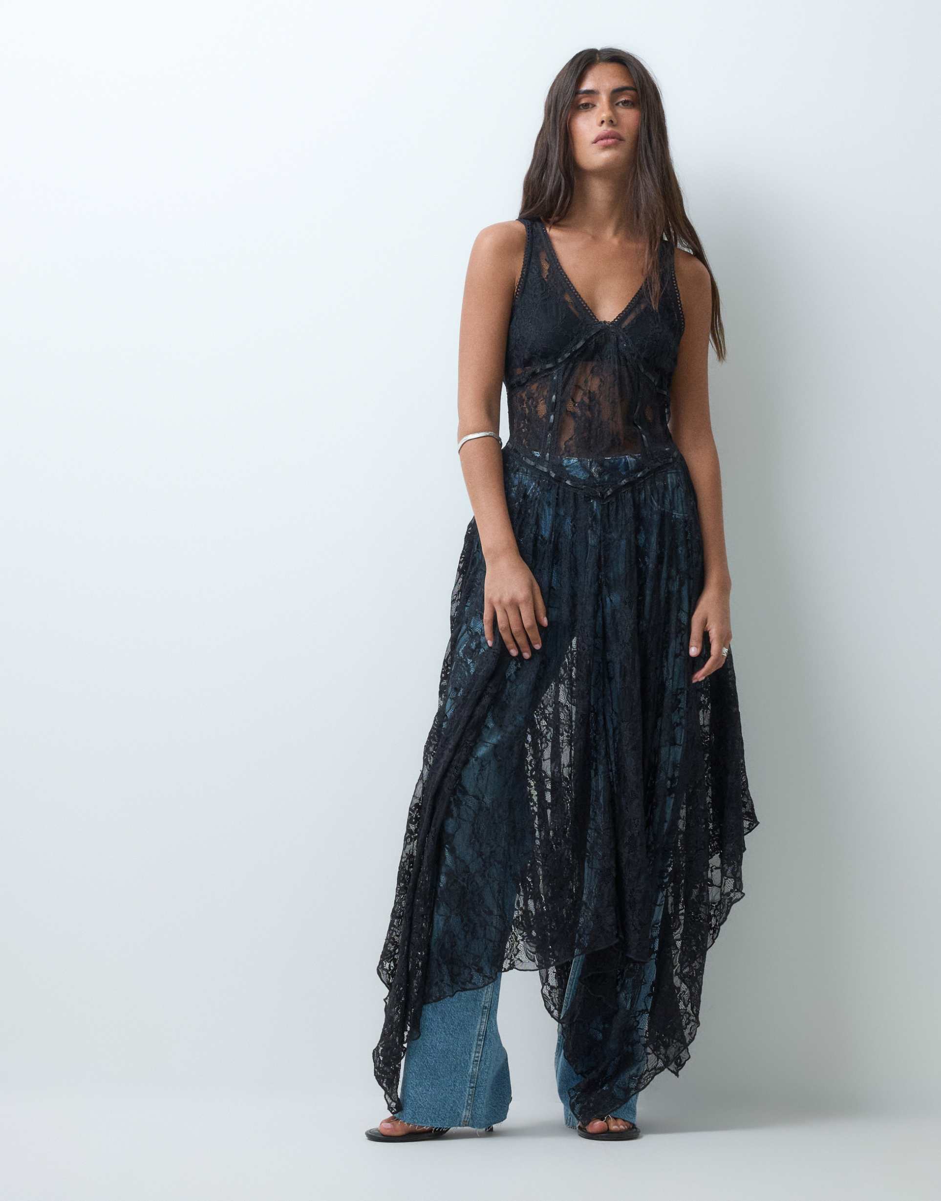miss selfridge lace midi dress in black