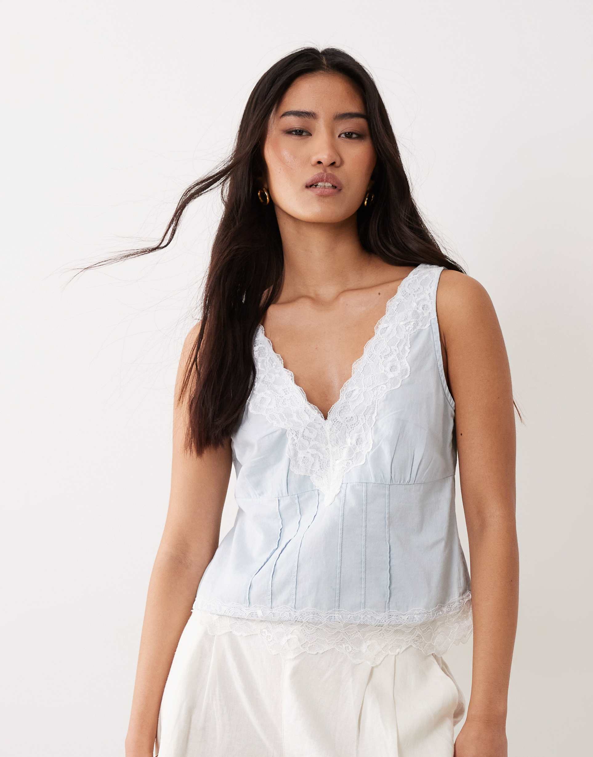 miss selfridge lace mix chambray cami top in light blue wash