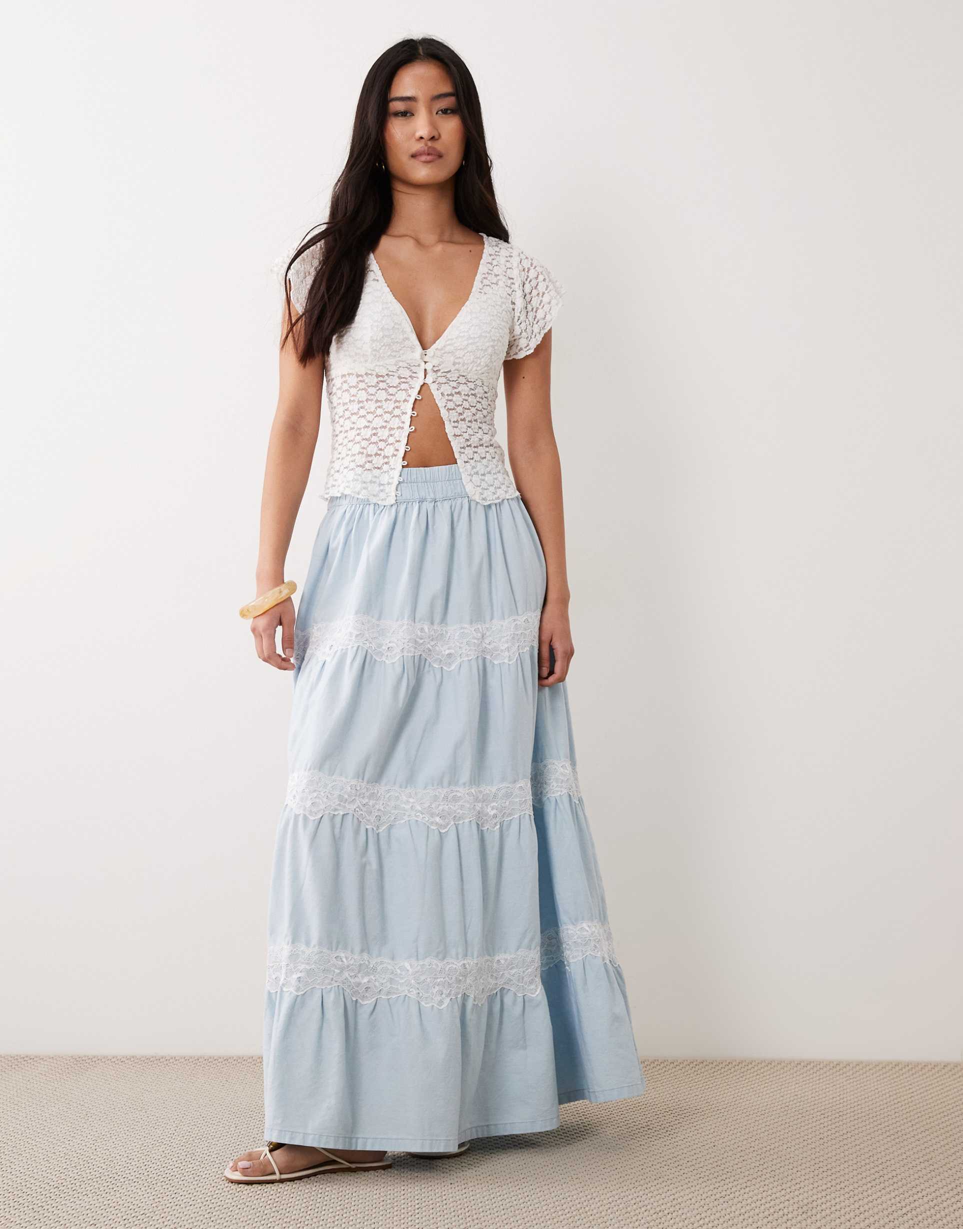 miss selfridge lace mix chambray maxi skirt in light blue wash