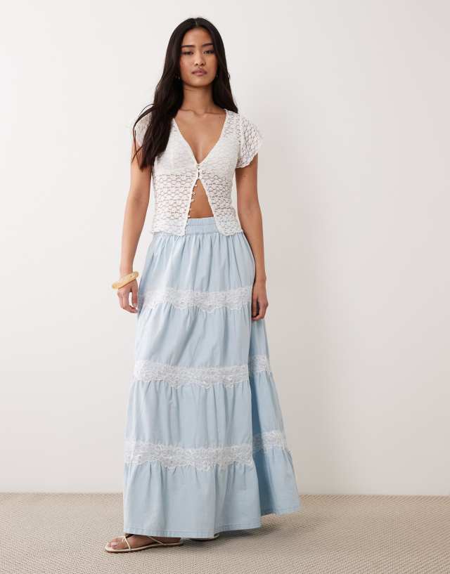 Miss Selfridge lace mix chambray maxi skirt in light blue wash | ASOS