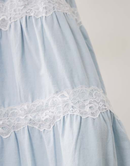 Miss Selfridge lace mix chambray maxi skirt in light blue wash, 4 of 5