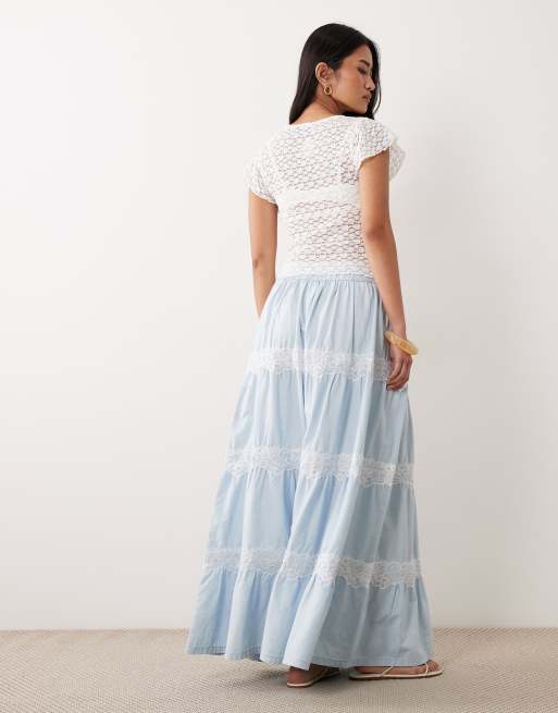 Miss Selfridge lace mix chambray maxi skirt in light blue wash, 5 of 5
