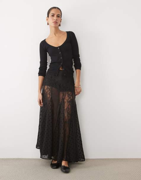 Miss Selfridge lace mix godet maxi skirt in black - view 1