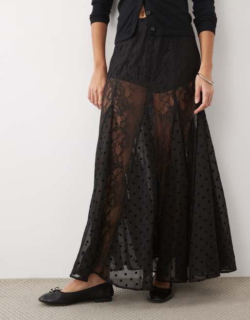 Miss Selfridge lace mix godet maxi skirt in black, 2 of 5