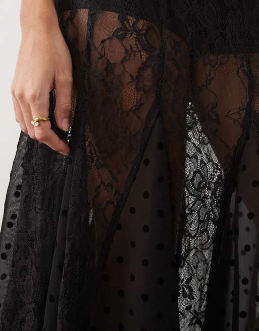 Miss Selfridge lace mix godet maxi skirt in black, 3 of 5