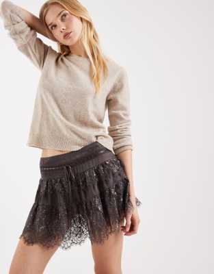 Miss Selfridge Lace Mix Jacquard Mini Skirt In Brown