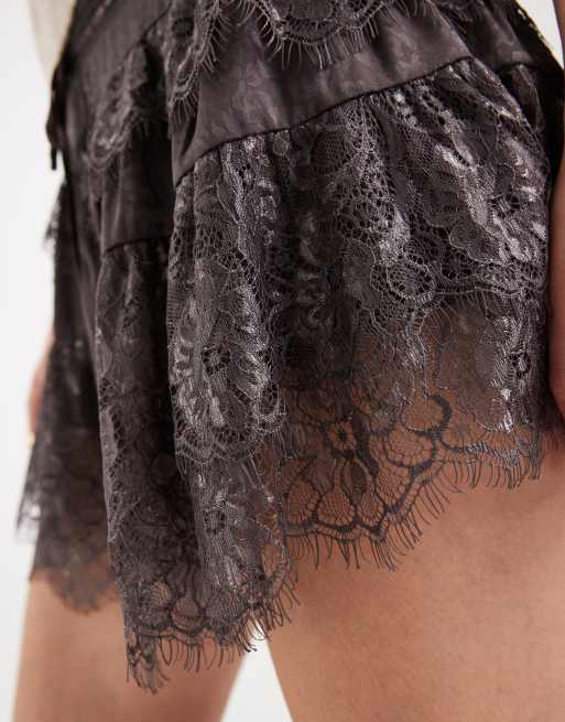 Miss Selfridge lace-mix jacquard mini skirt in brown, 3 of 5