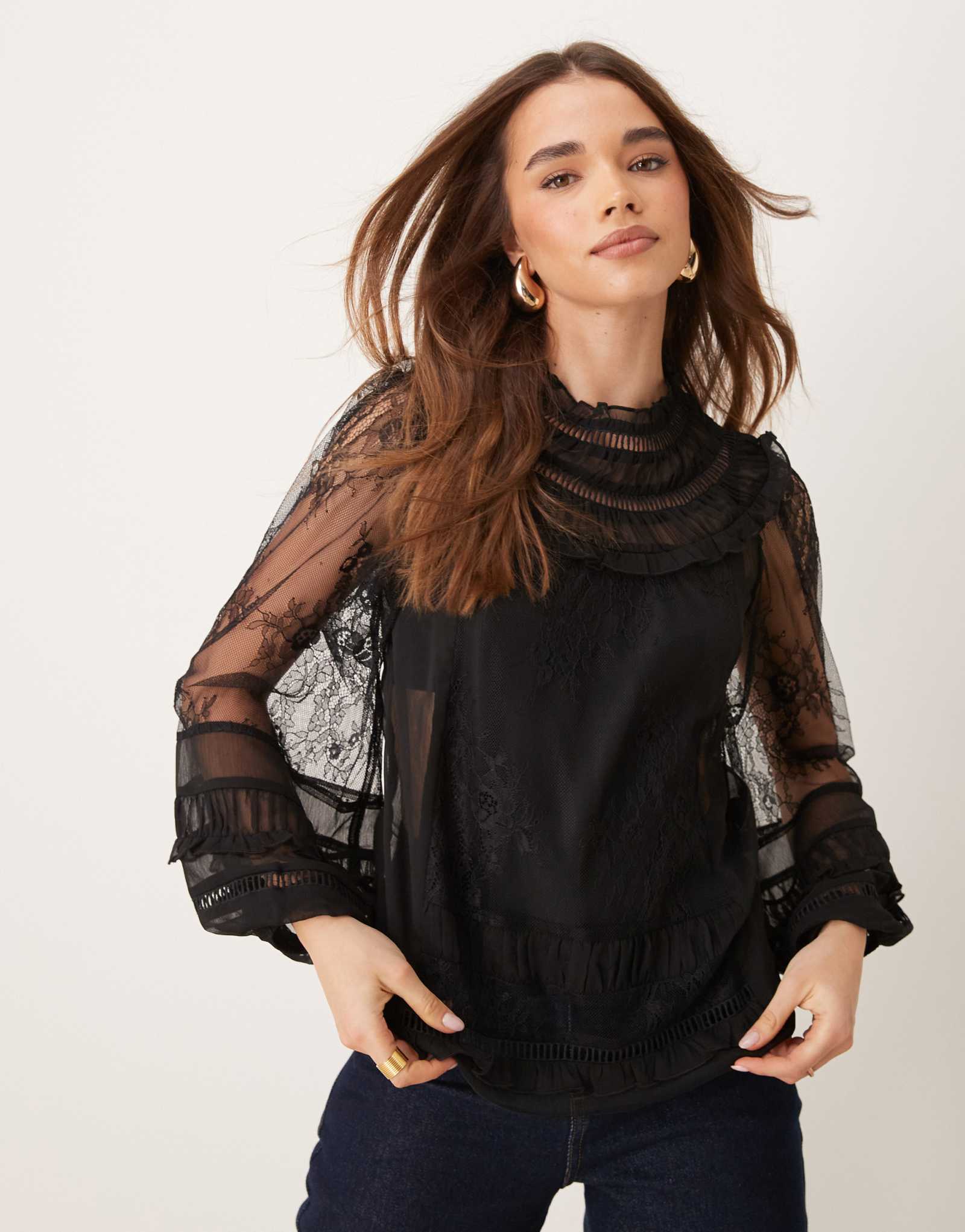 Черный кружевной топ с длинными рукавами Miss Selfridge из смеси кружев