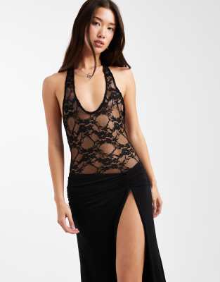 Miss Selfridge Lace Mix Maxi Dress-black In Black