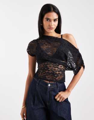 Miss Selfridge Lace Off The Shoulder Top-black