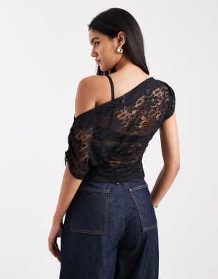 Miss Selfridge Lace Off The Shoulder Top-black In Black