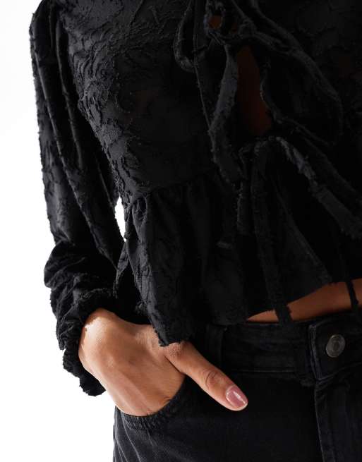 Miss Selfridge lace puff sleeve tie front top in black, 3 of 4