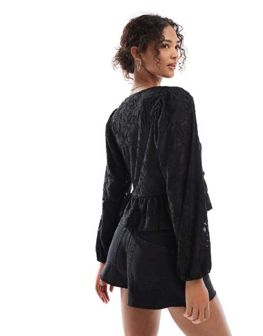 Miss Selfridge lace puff sleeve tie front top in black, 4 of 4