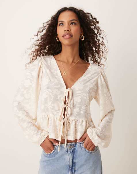 Miss Selfridge lace puff sleeve tie front top in ivory - view 1