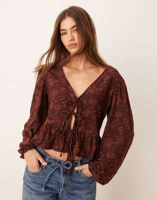 Miss Selfridge lace puff sleeve tie front top-Brown