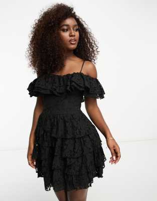 Miss Selfridge lace strappy ruffle maxi dress in black