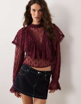 Miss Selfridge lace ruffle blouse in burgundy