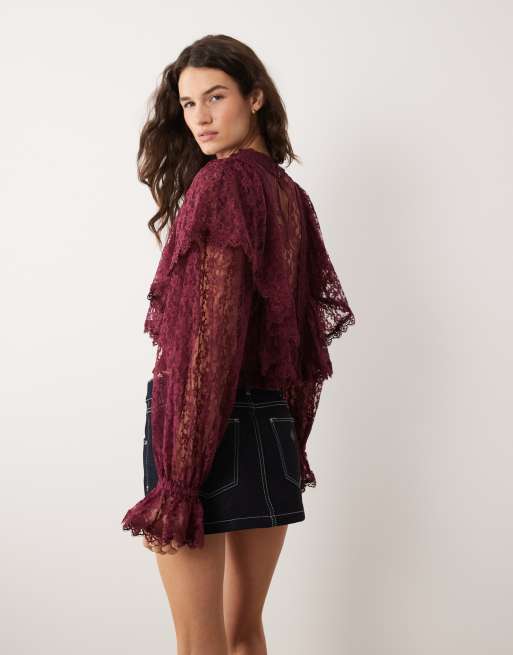 Miss Selfridge lace ruffle blouse in burgundy, 2 of 4