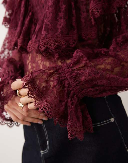 Miss Selfridge lace ruffle blouse in burgundy, 4 of 4