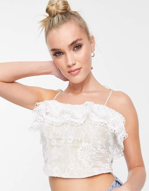 Miss Selfridge lace ruffle corset top in blush