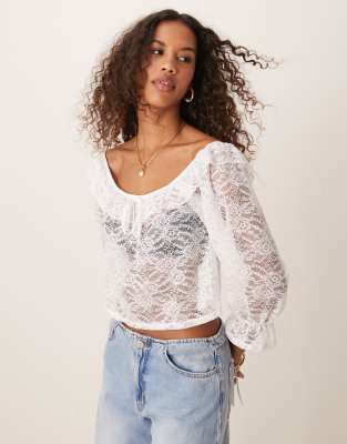 lace ruffle detail blouse-Neutral