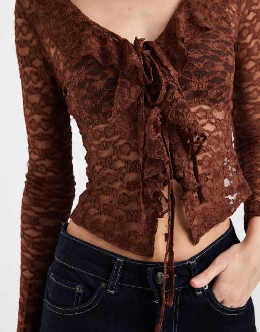 Miss Selfridge lace ruffle detail long sleeve top in brown, 3 of 4