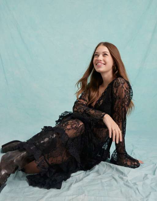 Miss Selfridge lace ruffle maxi dress in black | ASOS